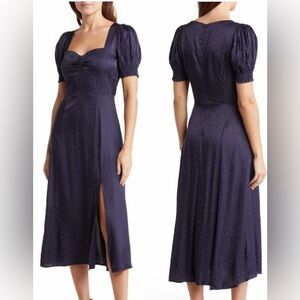 Maisie Navy Blue Morton Chevron Puff Sleeve Satin Silky Midi Dress XL